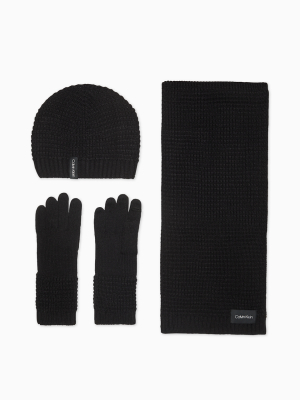 Waffle Knit Hat, Scarf + Gloves 3-piece Set