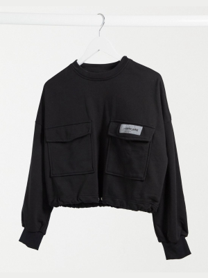 Sixth June Cropped Cargo Sweatshirt With Toggle Waist In Black