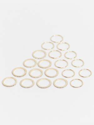 Asos Design Pack Of 20 Stacking Rings In Crystal And Plain Band In Gold Tone