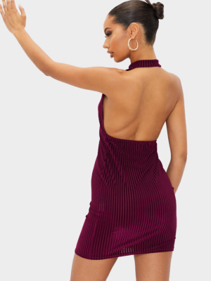 Burgundy Velvet Rib High Neck Open Back Bodycon...