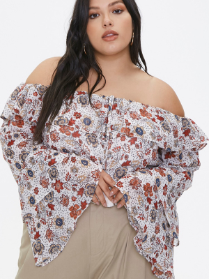 Plus Size Floral Bell-sleeve Top