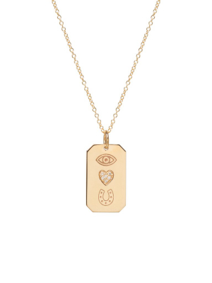 14k Pave Diamond "eye Heart U" Dog Tag Necklace