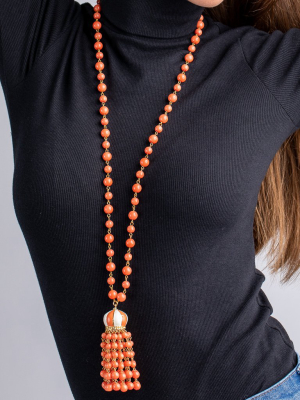 Coral Bead Tassel Necklace