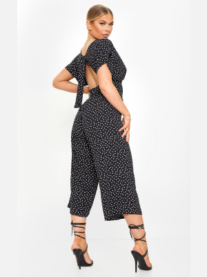 Black Polka Dot Tie Back Short Sleeve Plunge...