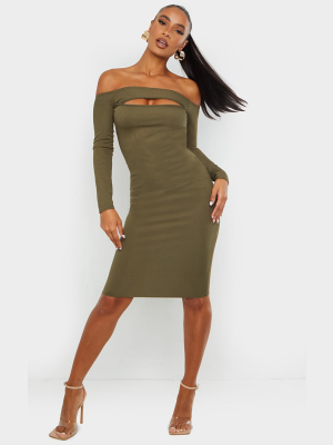 Khaki Rib Cut Out Long Sleeve Midi Dress