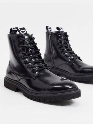 Asos Unrvlld Supply Lace Up Boots In Black Patent Faux Leather With Tape Detail
