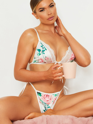 White Floral Printed Triangle Lace Lingerie Set