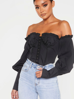 Black Woven Frill Bardot Hook And Eye Shirt