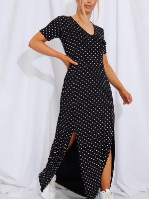 Black Polka Dot Print Split Detail Maxi Dress