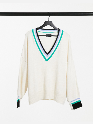 Asos Design V-neck Sweater With Tipping Detail In Cream