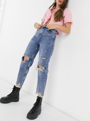 Bershka Ripped Mom Jeans With Distressed Hem In Dark Blue