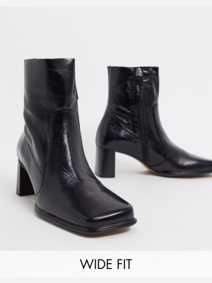 Asos Design Wide Fit Roisin Premium Leather Square Toe Boots In Black