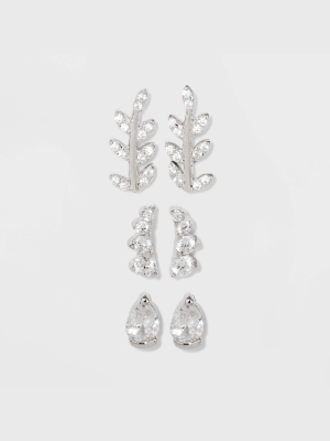 Sterling Silver Cubic Zirconia Leaf, Crawler And Teardrop Earring Set 3pc - A New Day™ Silver