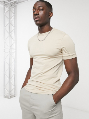 Asos Design Smart Muscle Fit T-shirt With Piping Detail In Beige