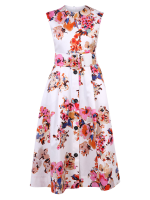 Msgm Floral Printed Belted Midi Dress