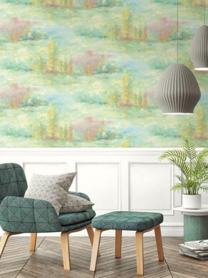 Tree Line Wallpaper In Pale Green, Pink, And Yellow From The French Impressionist Collection By Seabrook Wallcoverings