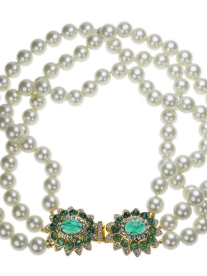 3 Row Pearl And Emerald Clasp Necklace