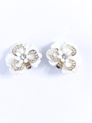 Vintage White Pansy Flower With Rhinestones Statement Earrings