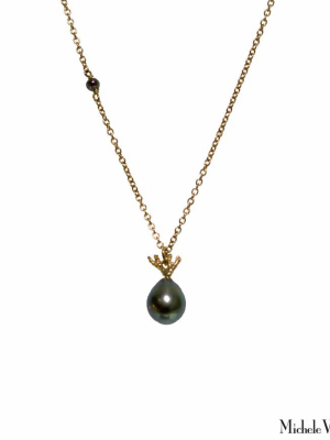 Black Tahitian Pearl And Gold Coral Branch Necklace