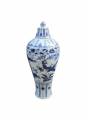 Lidded Plum Vase Warrior Riding Horse, Blue And White