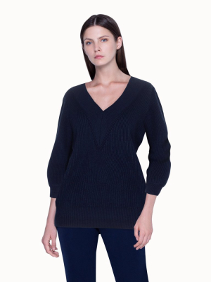 V-neck Ribbed Knit Pullover In Cashmere Silk