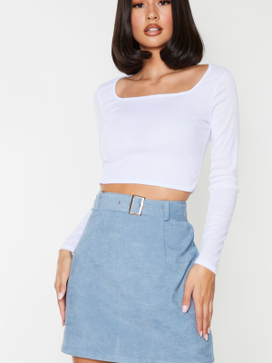 Dusty Blue Buckle Belted Cord Mini Skirt