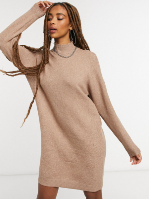 Only High Neck Sweater Dress In Brown