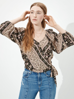 Ae Printed Wrap Front Top