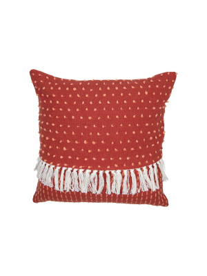 Red Dot Patterned Hand Woven 18 X 18 Inch Decorative Cotton Throw Pillow Cover With Insert And Hand Tied Fringe - Foreside Home & Garden