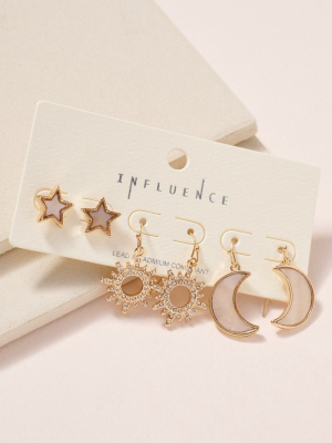 Star Moon Sun Shell Earrings Set