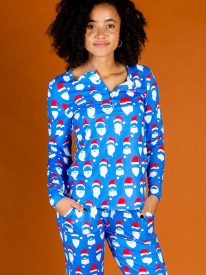 The 50 Shades Of Santa | Women's Blue Santa Faces Christmas Pajama Top