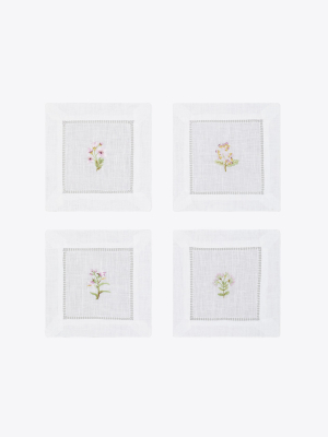 Lilac Flower Embroidered Cocktail Napkin, Set Of 4