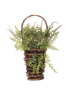 Vickerman 21" Artificial Green Fern In Hanging Wall Basket.