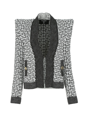 Balmain Monogram Jacquard Structured Shoulder Blazer