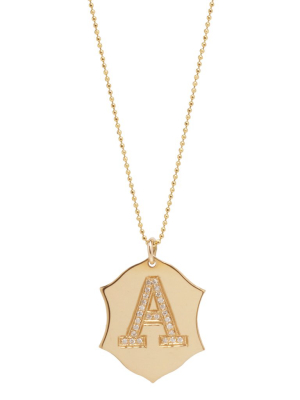 14k Pave Shield Initial Disc Necklace