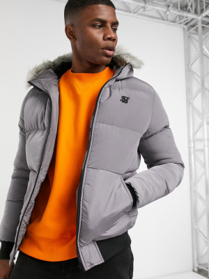 Siksilk Puffer Jacket With Faux Fur Hood In Gray