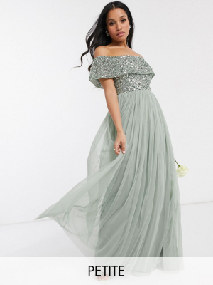 Maya Petite Bridesmaid Bardot Maxi Tulle Dress With Tonal Delicate Sequins In Sage Green