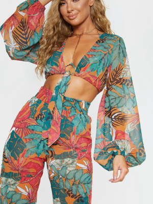 Orange Big Leaf Tie Front Beach Top