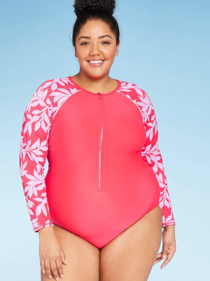 Women's Plus Size Long Sleeve One Piece Rashguard - All In Motion™ Red Floral