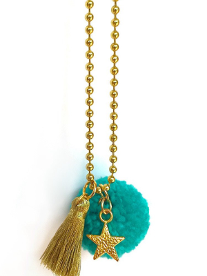 Teal Pom Pom Necklace