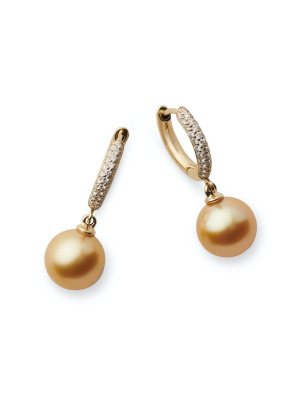 Golden South Sea Pearl & Diamond Hoop Earrings