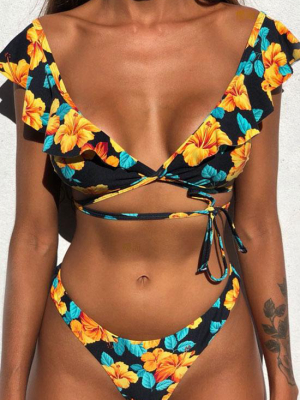 Floral Multi Way Ruffle Tie String Bikini Swimsuit - Two Piece Set