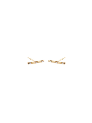 14k Spread Out Pave White Diamond Bar Studs