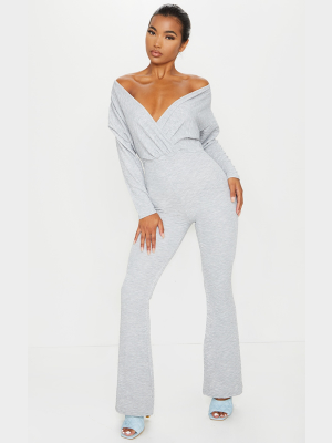 Grey Off Shoulder Wrap Waffle Jumpsuit