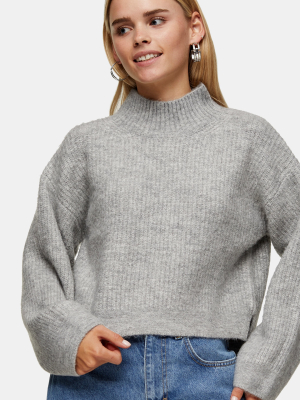 Petite Gray Marl Cropped Funnel Neck Knitted Sweater