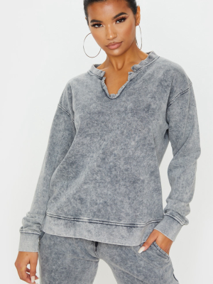 Light Grey V Neck Long Sleeve Washed Sweater