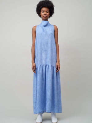 Cowl Neck Dress - White / Cobalt Melange