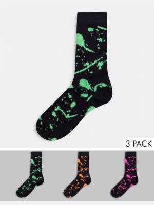 Asos Design 3 Pack Ankle Socks With Glow In The Dark Neon Splat