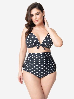 Unique Vintage Plus Size Black & White Polka Dot Print Monroe Halter Bikini Top