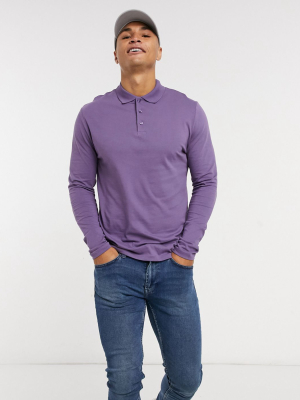 Asos Design Organic Long Sleeve Jersey Polo In Purple